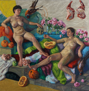 Maenads with Head of Orpheus II- oil on canvas, 200 x 200 cm, 2024