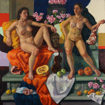 Maenads with Head of Orpheus I- oil on canvas, 200 x 200 cm, 2024
