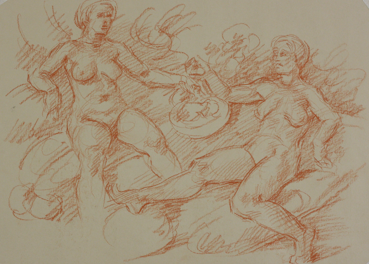 Maenads II; red chalk on paper, 25 x 35 cm, 2023
