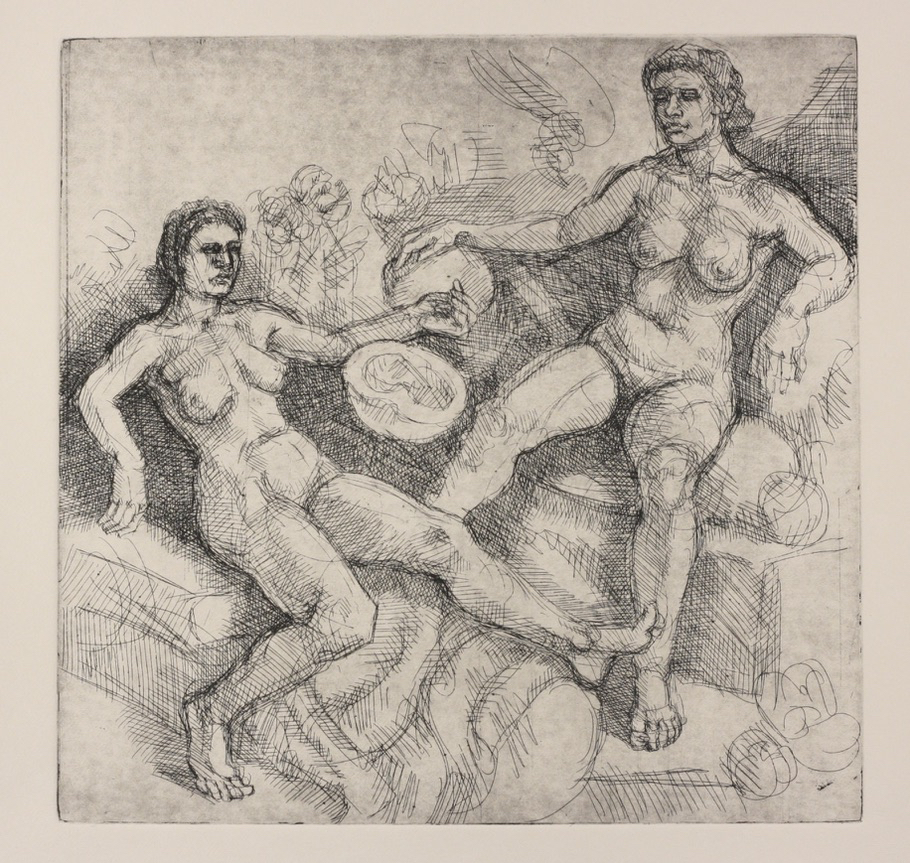 Maenads II; etching, 25 x 25cm, 2024