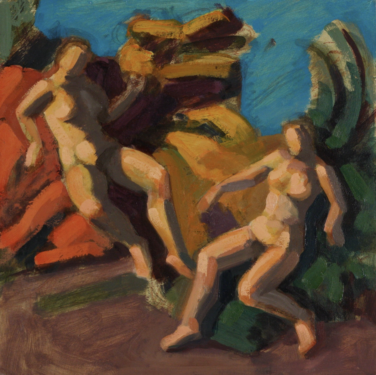 Maenads; oil on canvas board, 30 x 30 cm, 2023