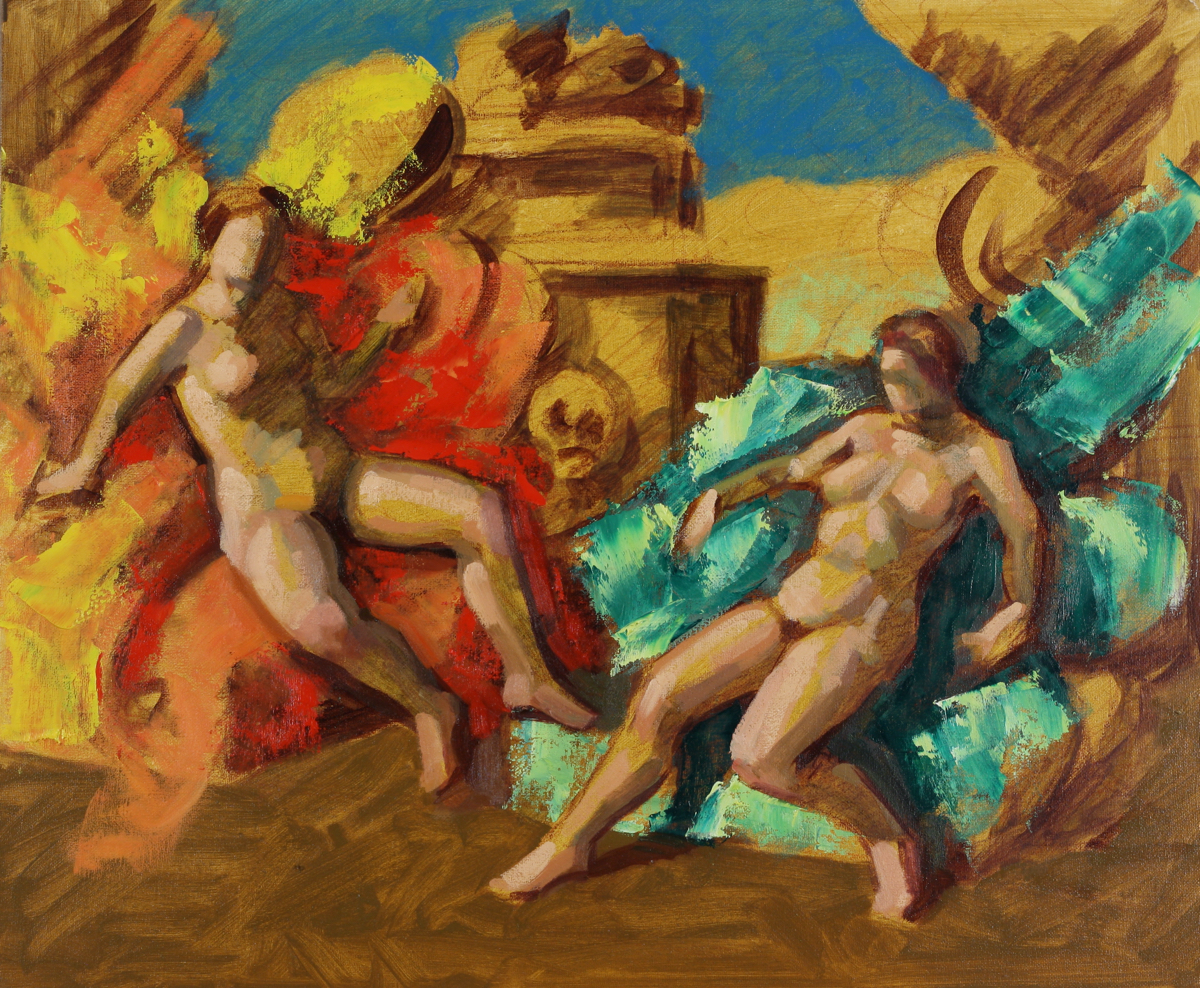 Maenads; oil on canvas board, 50 x 60 cm, 2023